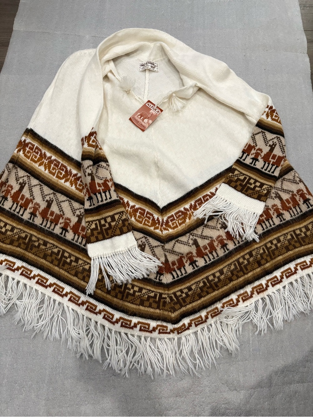 Alpaca Wool Cream & Brown Patterned Poncho Sweater -attached scarf